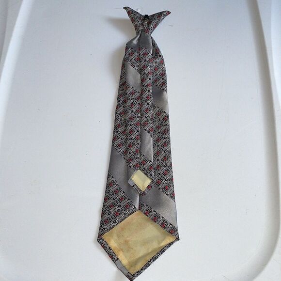 Groovy Vtg 70s gray & red striped polyester clip on tie - Picture 4 of 7